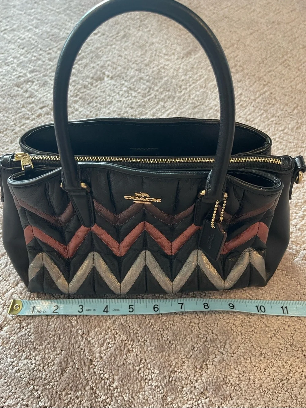 Coach Mini Sage Metallic Chevron Quilted Leather Satchel, Black Multi, F37372